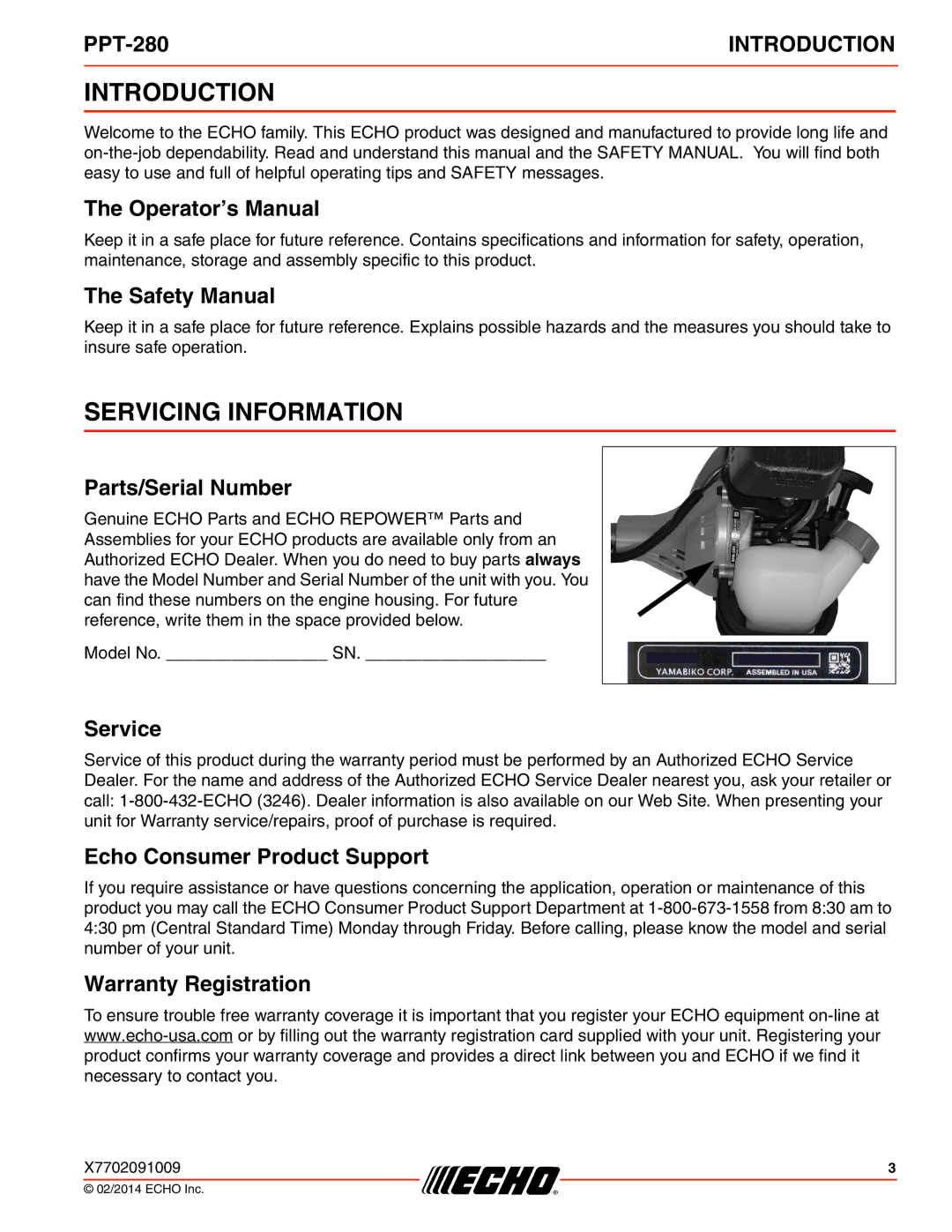 Echo PPT-280 specifications Introduction, Servicing Information 