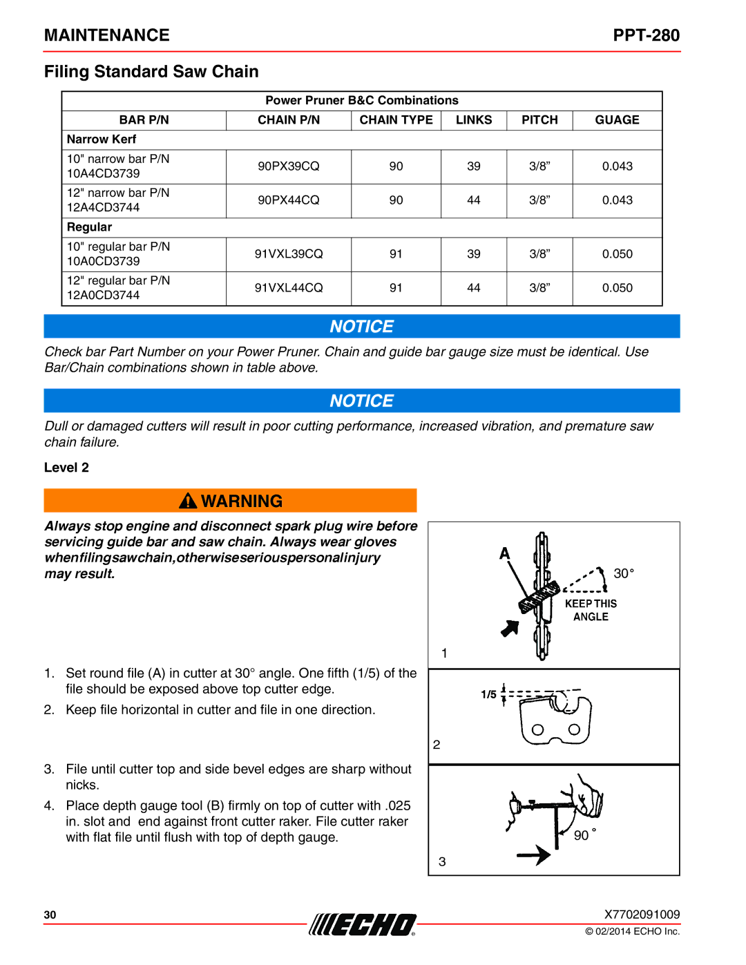 Echo PPT-280 specifications Filing Standard Saw Chain, BAR P/N Chain P/N Chain Type Links Pitch Guage 