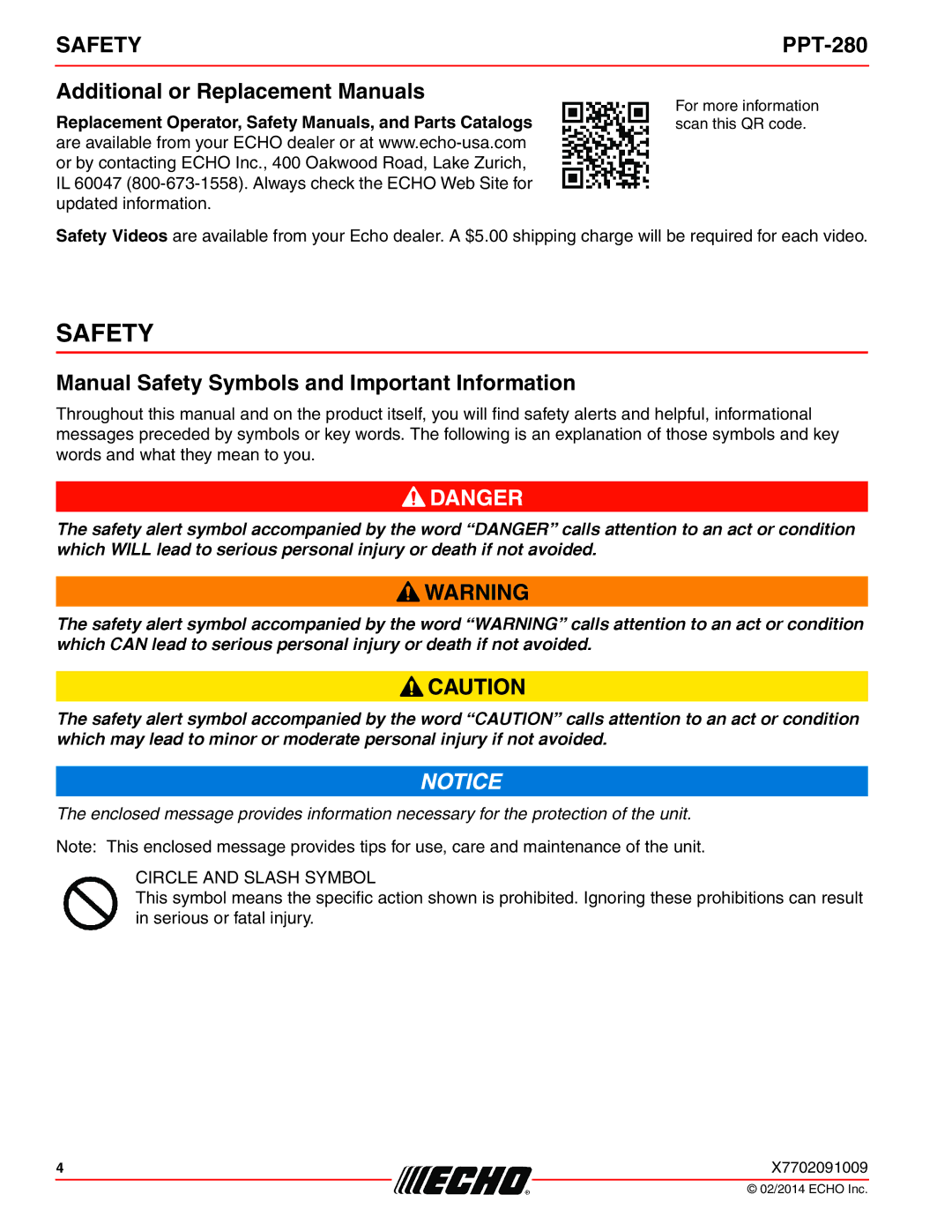 Echo PPT-280 specifications Additional or Replacement Manuals, Manual Safety Symbols and Important Information 