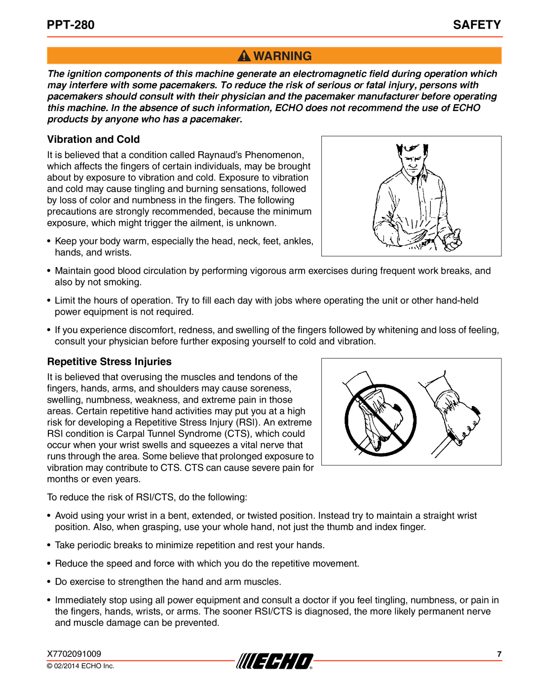 Echo PPT-280 specifications Vibration and Cold, Repetitive Stress Injuries 