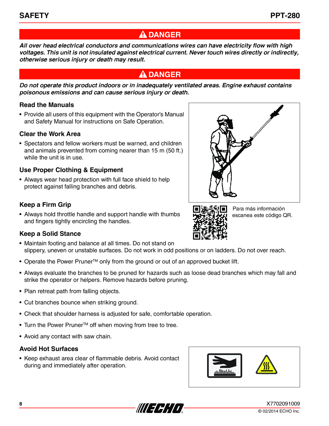 Echo PPT-280 Read the Manuals, Clear the Work Area, Use Proper Clothing & Equipment, Keep a Firm Grip, Keep a Solid Stance 