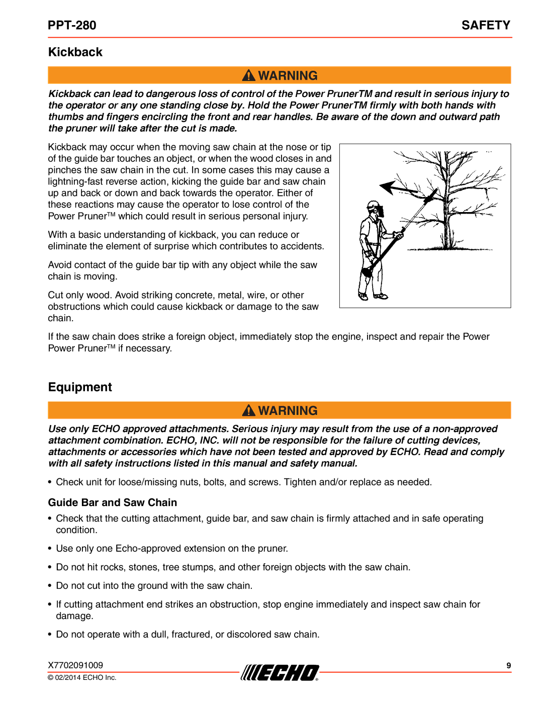 Echo PPT-280 specifications Kickback, Equipment, Guide Bar and Saw Chain 