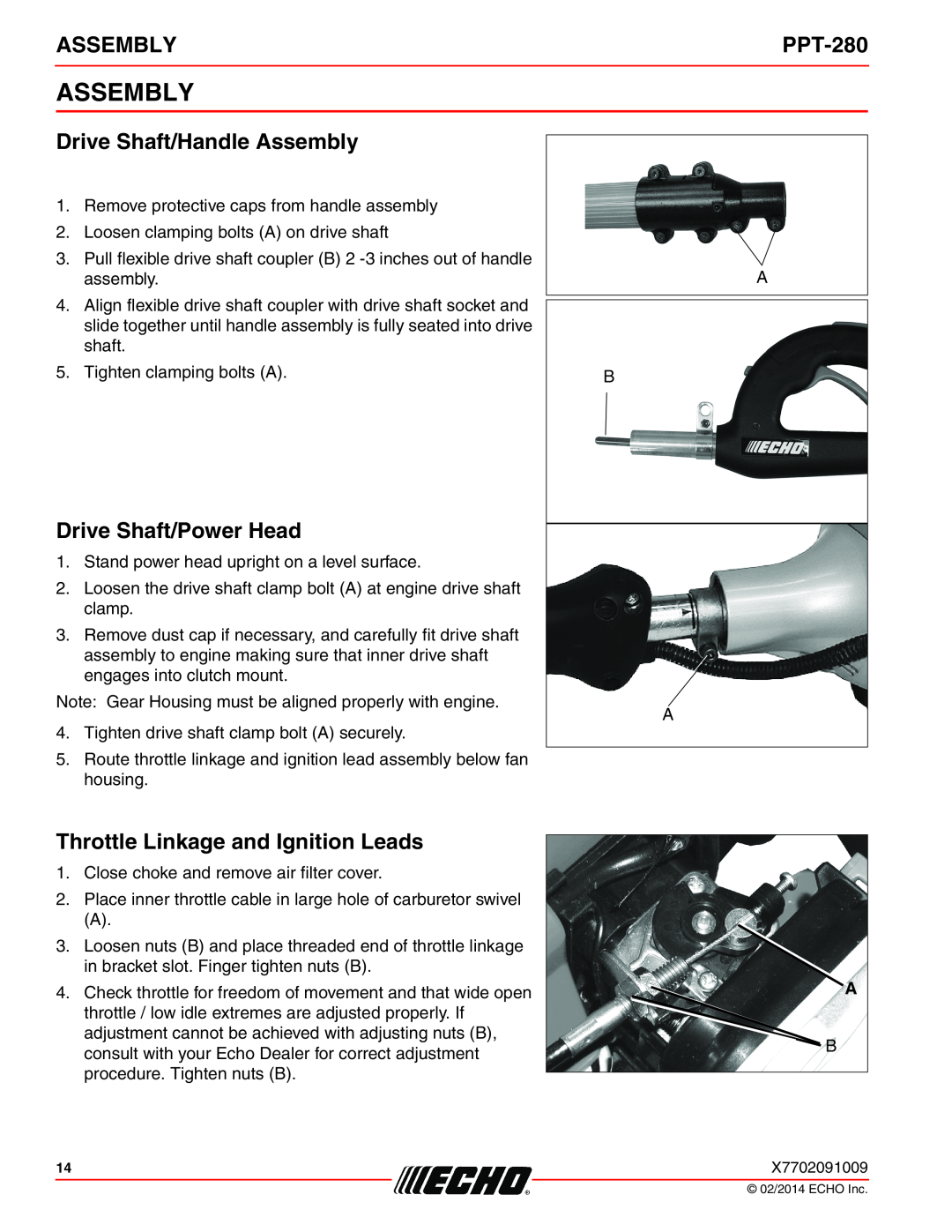 Echo PPT-280 specifications Drive Shaft/Handle Assembly, Drive Shaft/Power Head, Throttle Linkage and Ignition Leads 
