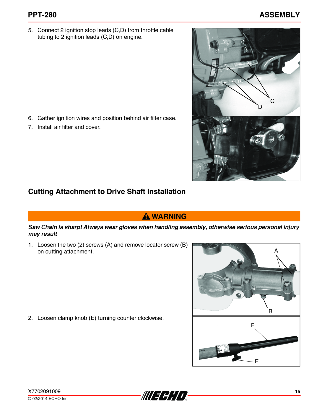 Echo PPT-280 specifications Cutting Attachment to Drive Shaft Installation, Assembly 