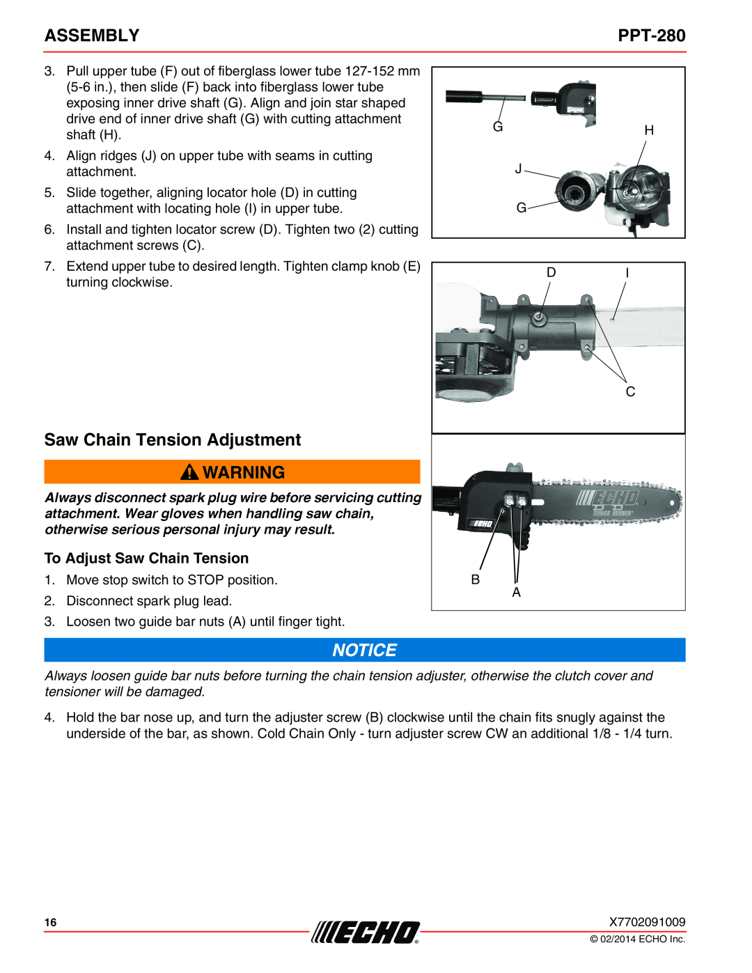 Echo PPT-280 specifications Saw Chain Tension Adjustment, To Adjust Saw Chain Tension, Assembly 