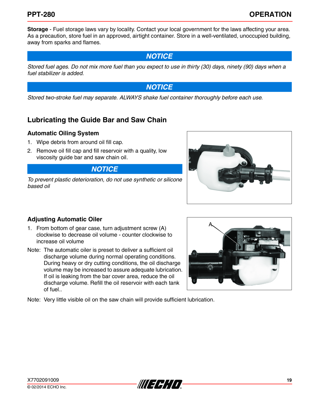 Echo PPT-280 Lubricating the Guide Bar and Saw Chain, Automatic Oiling System, Adjusting Automatic Oiler, Operation 