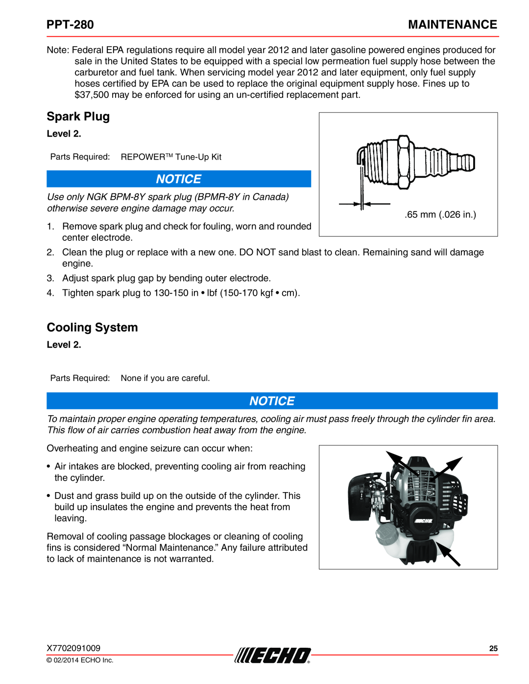 Echo PPT-280 specifications Spark Plug, Cooling System, Maintenance, Level 