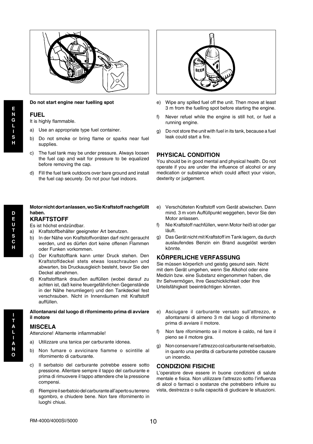 Echo RM-4000SI, RM-5000 manual Fuel, Kraftstoff, Miscela, Physical Condition, Körperliche Verfassung, Condizioni Fisiche 