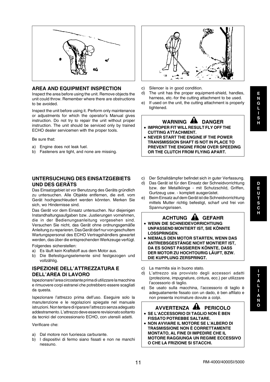 Echo RM-5000, RM-4000SI manual Area and Equipment Inspection, Untersuchung DES Einsatzgebiets UND DES Geräts 