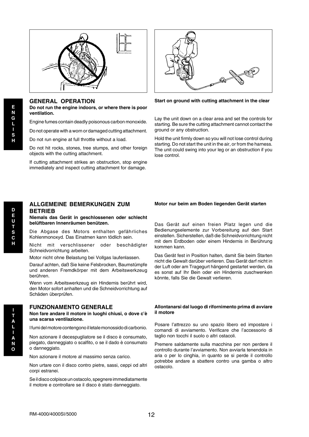 Echo RM-5000, RM-4000SI manual General Operation, Allgemeine Bemerkungen ZUM Betrieb, Funzionamento Generale 