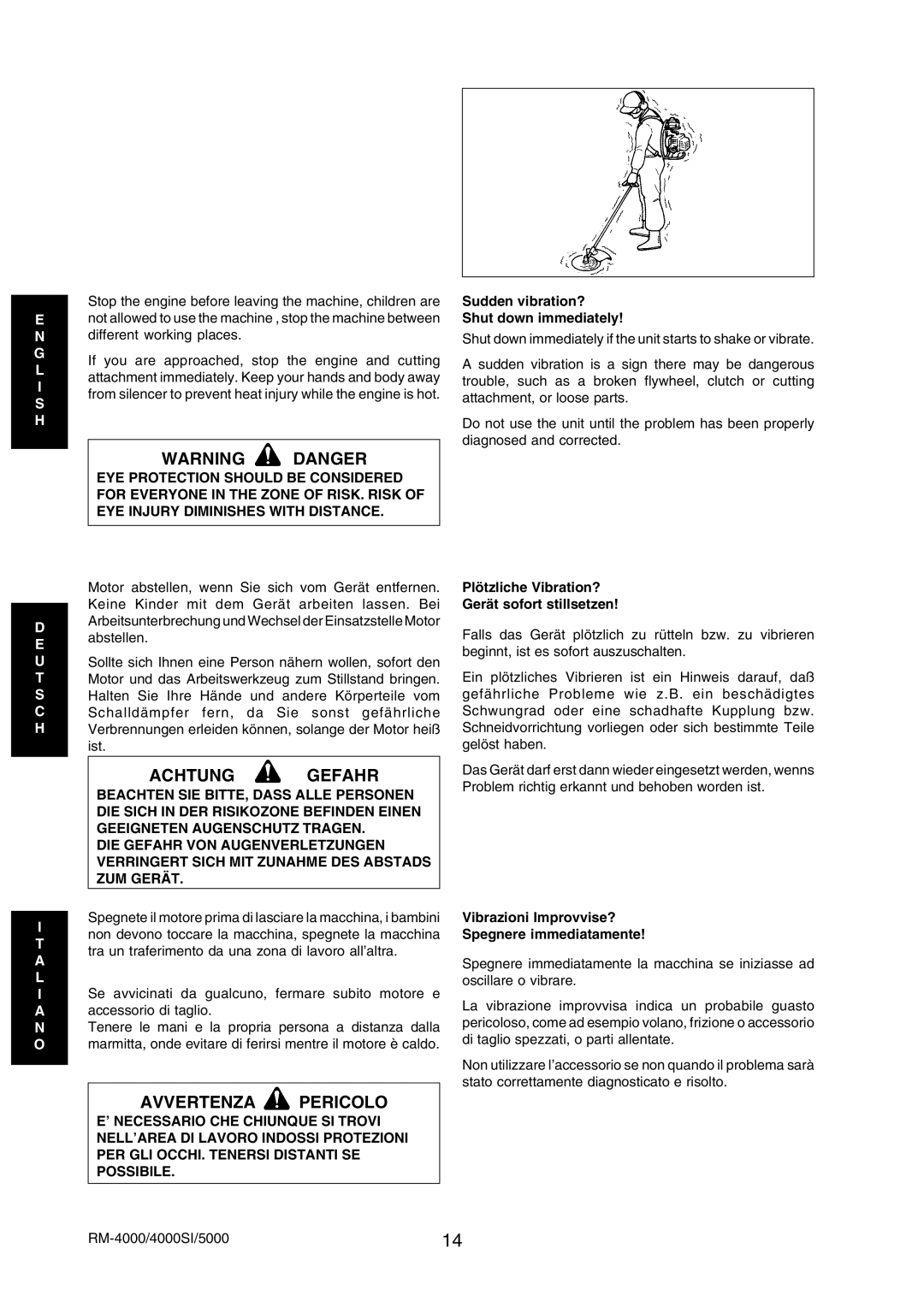 Echo RM-5000, RM-4000SI manual Sudden vibration? Shut down immediately, Plötzliche Vibration? Gerät sofort stillsetzen 