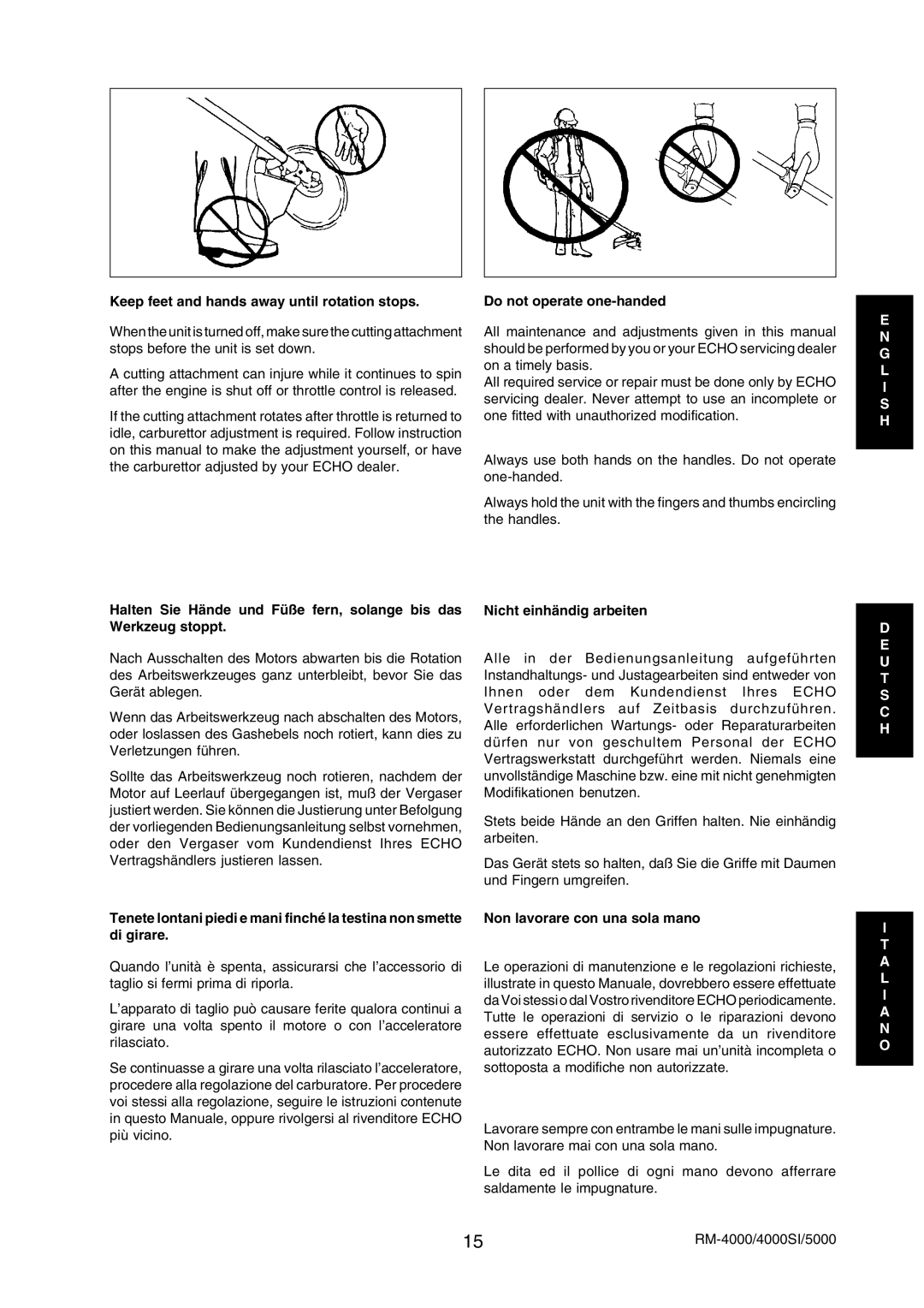 Echo RM-5000, RM-4000SI Keep feet and hands away until rotation stops, Do not operate one-handed, Nicht einhändig arbeiten 