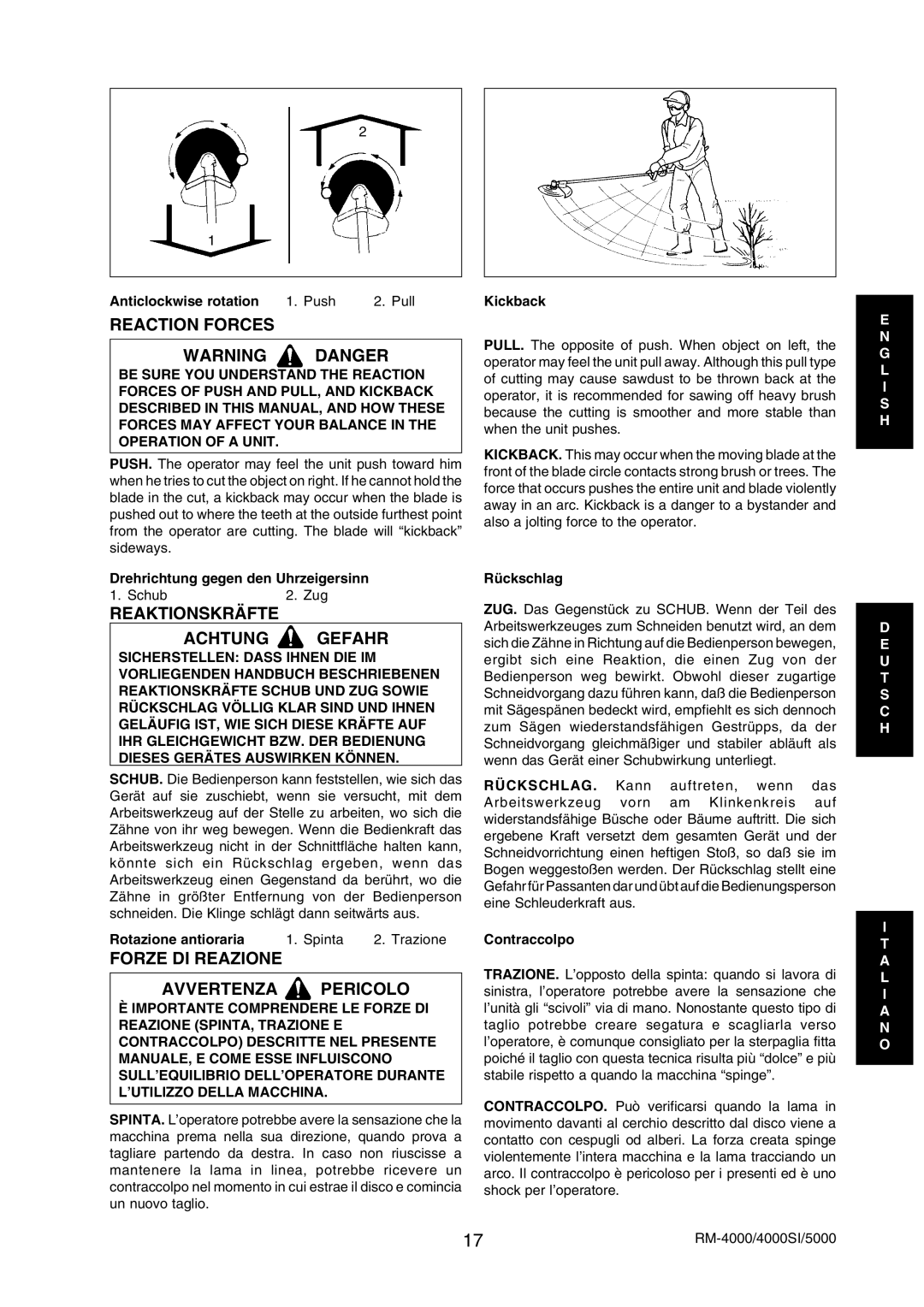 Echo RM-5000, RM-4000SI manual Reaction Forces, Reaktionskräfte Achtung Gefahr, Forze DI Reazione Avvertenza Pericolo 