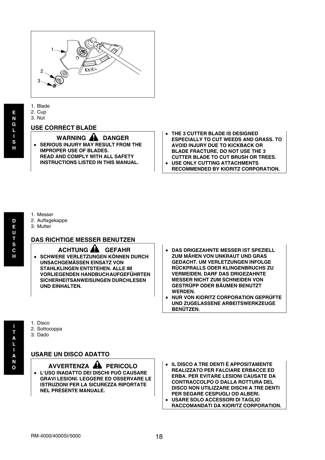 Echo RM-5000 USE Correct Blade, DAS Richtige Messer Benutzen Achtung Gefahr, Usare UN Disco Adatto Avvertenza Pericolo 