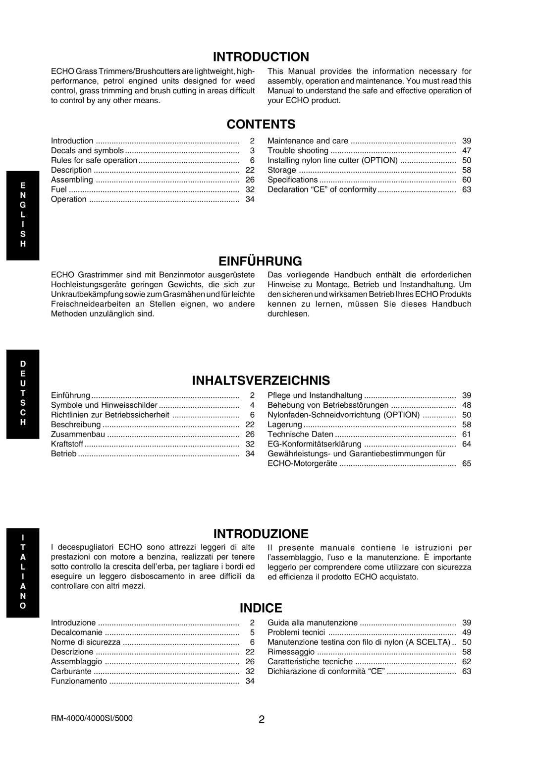 Echo RM-5000, RM-4000SI manual Introduction, Contents, Einführung, Inhaltsverzeichnis, Introduzione 