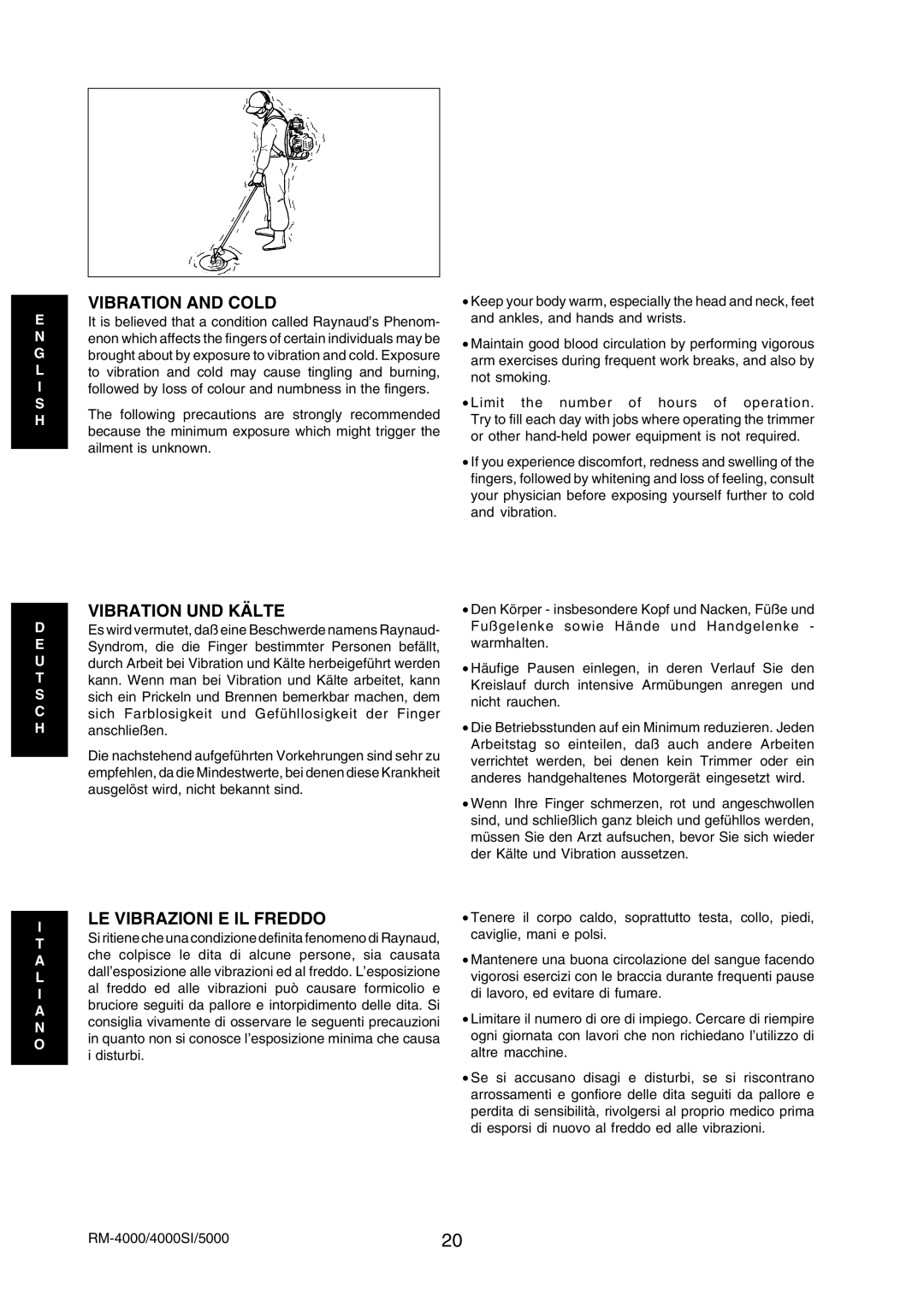 Echo RM-5000, RM-4000SI manual Vibration and Cold, Vibration UND Kälte, LE Vibrazioni E IL Freddo 