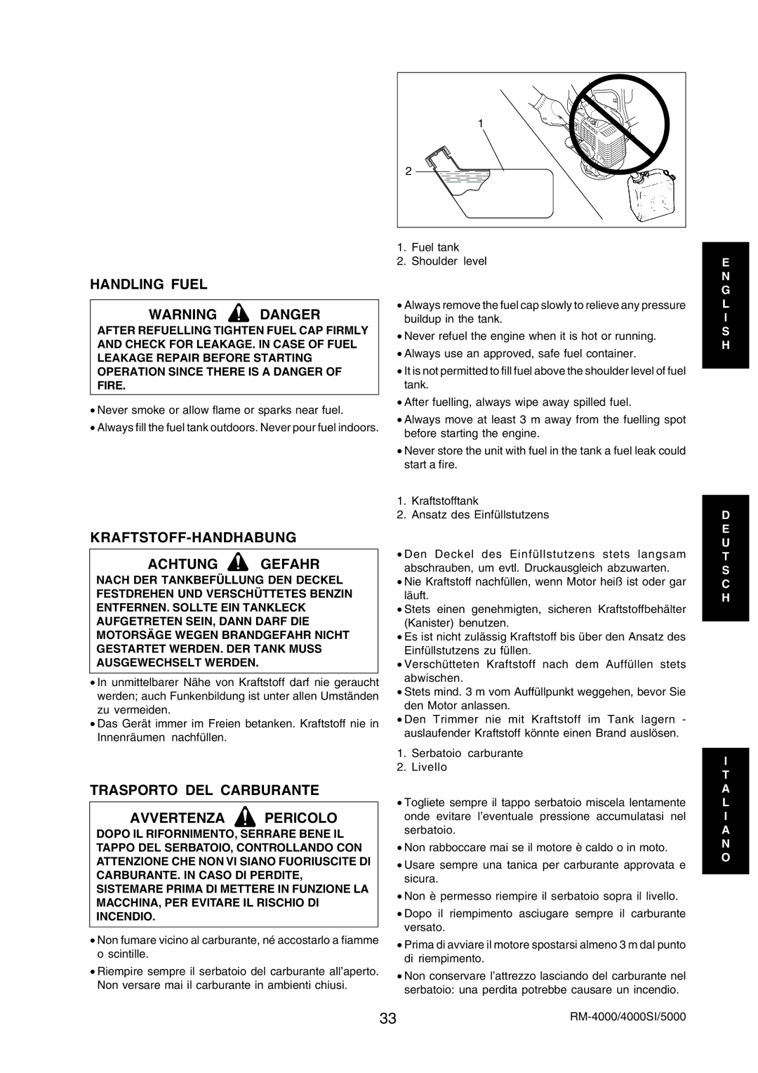 Echo RM-5000, RM-4000SI Handling Fuel, KRAFTSTOFF-HANDHABUNG Achtung Gefahr, Trasporto DEL Carburante Avvertenza Pericolo 