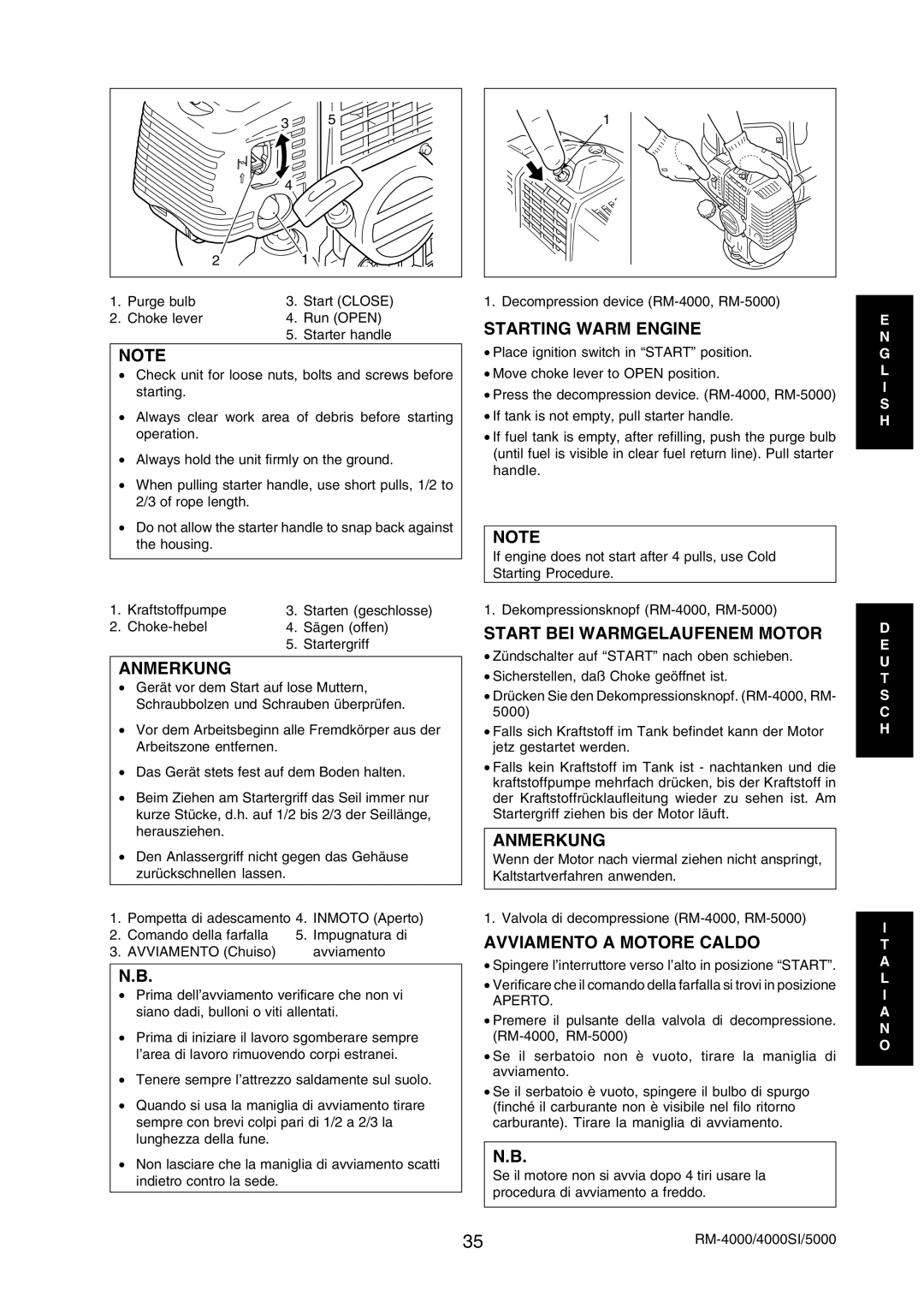 Echo RM-5000, RM-4000SI manual Starting Warm Engine, Start BEI Warmgelaufenem Motor, Avviamento a Motore Caldo 