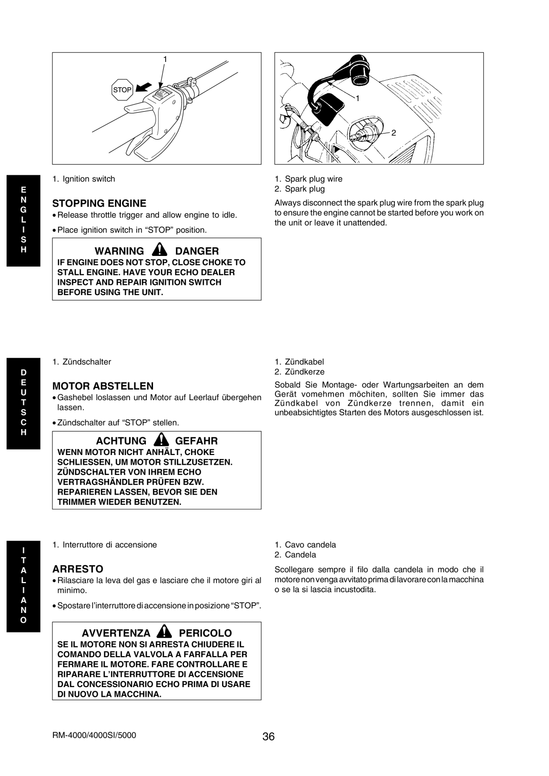 Echo RM-5000, RM-4000SI manual Stopping Engine, Motor Abstellen, Arresto 