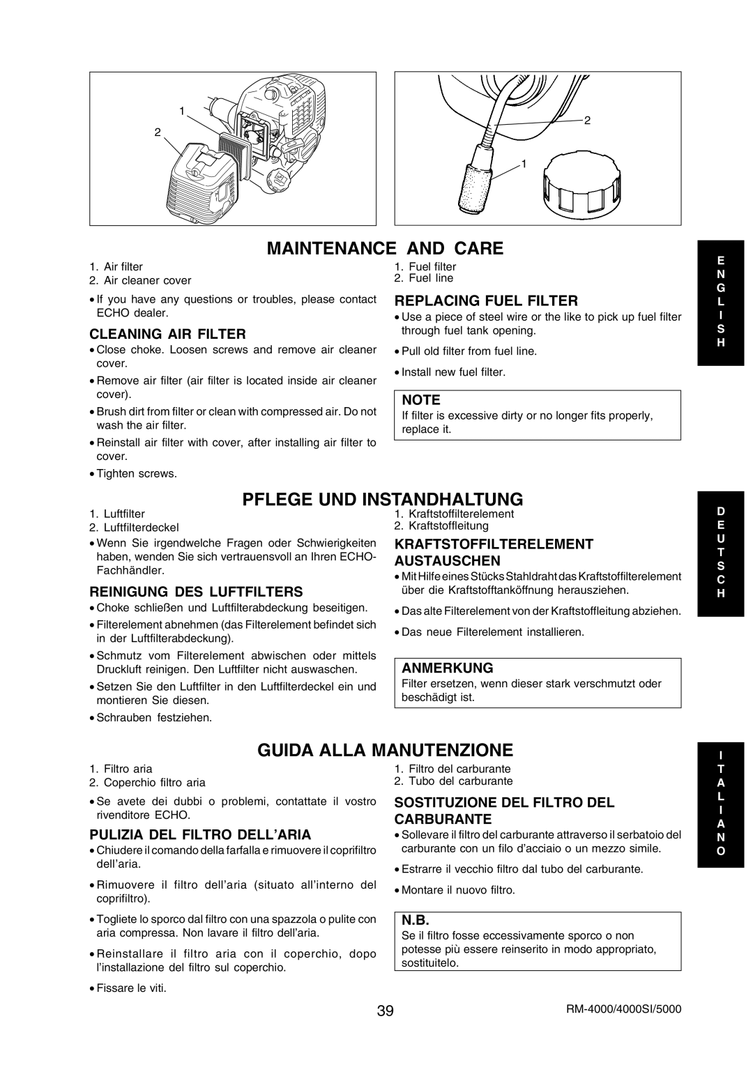 Echo RM-5000, RM-4000SI manual Maintenance and Care, Pflege UND Instandhaltung, Guida Alla Manutenzione 