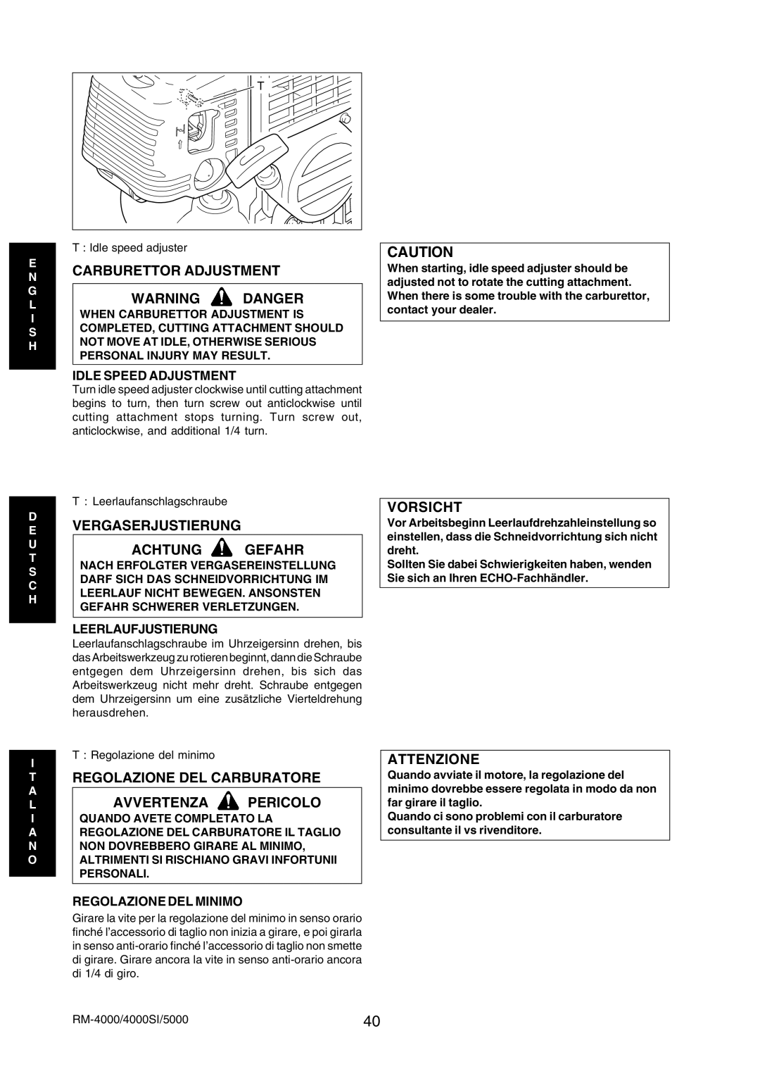 Echo RM-4000SI Carburettor Adjustment, Vergaserjustierung Achtung Gefahr, Regolazione DEL Carburatore Avvertenza Pericolo 