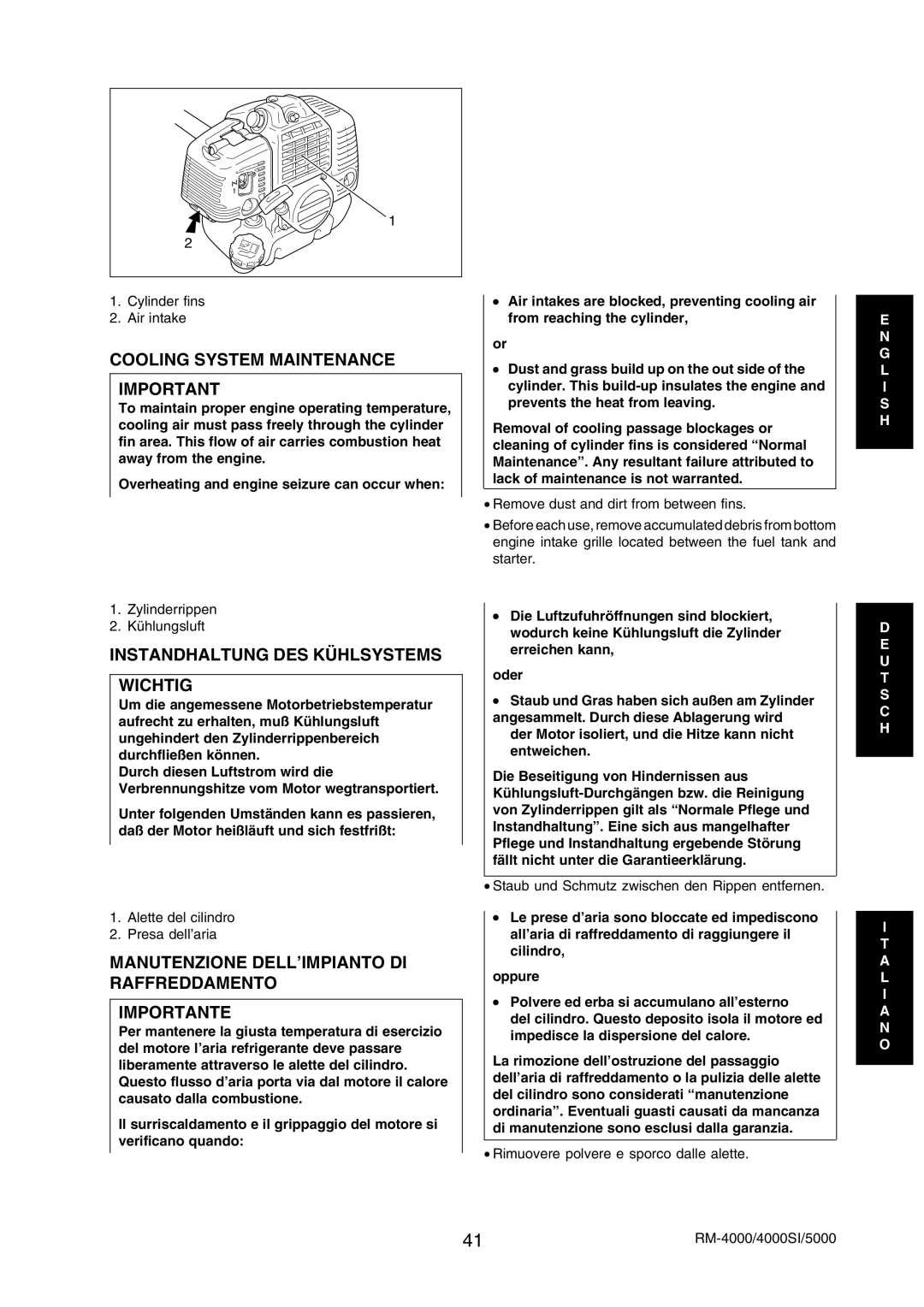 Echo RM-5000, RM-4000SI manual Cooling System Maintenance, Instandhaltung DES Kühlsystems Wichtig 