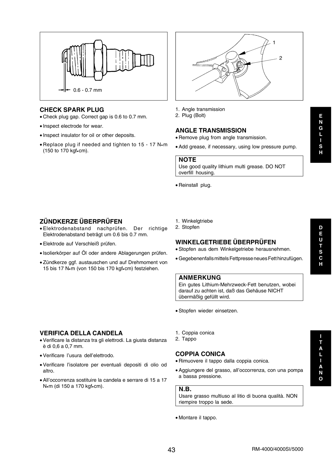 Echo RM-4000SI, RM-5000 Check Spark Plug, Zündkerze Überprüfen, Verifica Della Candela, Angle Transmission, Coppia Conica 