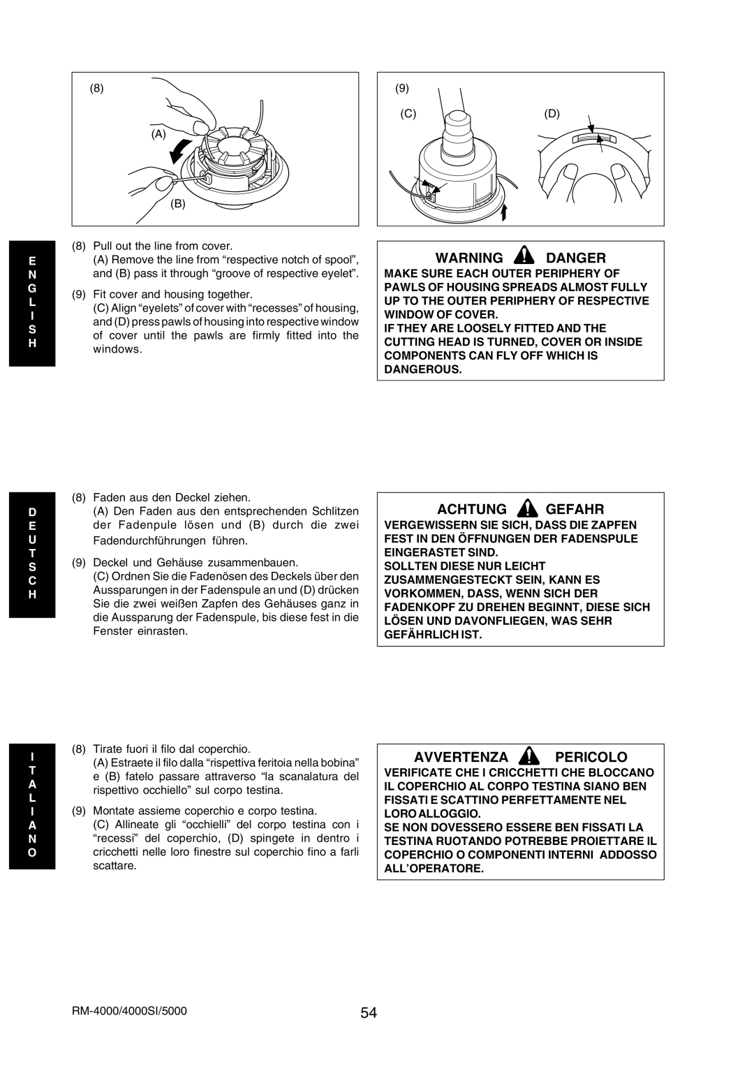 Echo RM-5000, RM-4000SI manual Fit cover and housing together, Tirate fuori il filo dal coperchio 