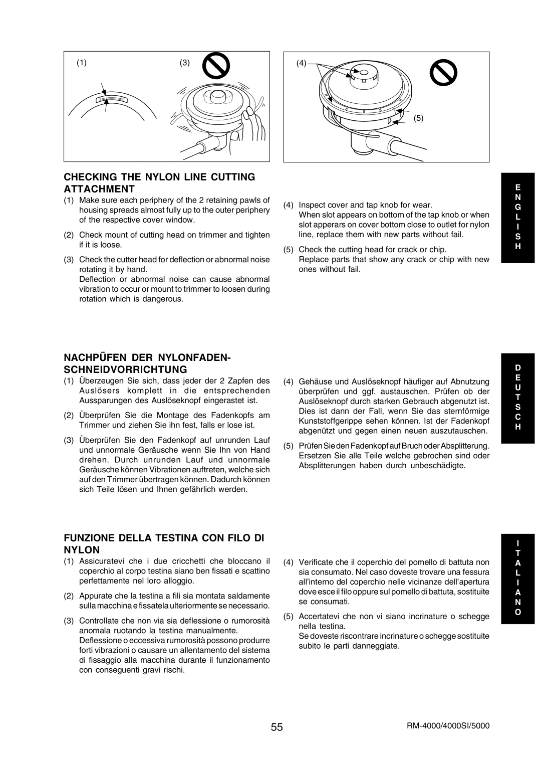 Echo RM-4000SI, RM-5000 manual Checking the Nylon Line Cutting Attachment, Nachpüfen DER NYLONFADEN- Schneidvorrichtung 