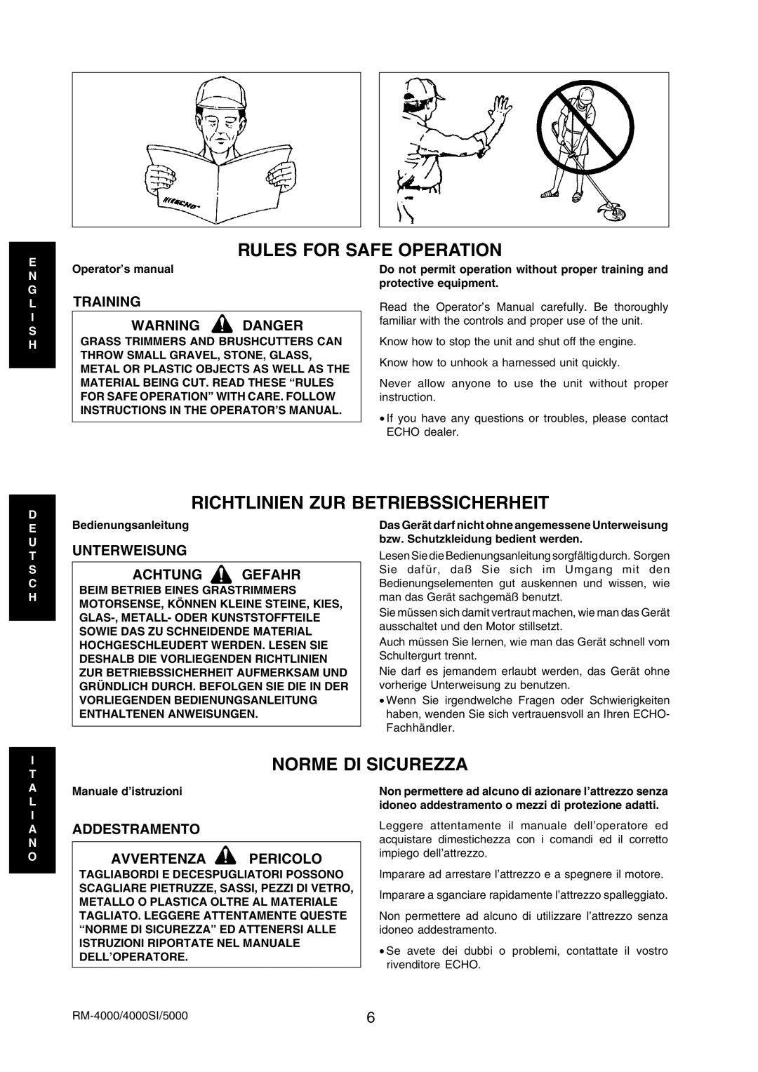 Echo RM-5000, RM-4000SI manual Rules for Safe Operation, Richtlinien ZUR Betriebssicherheit, Norme DI Sicurezza 