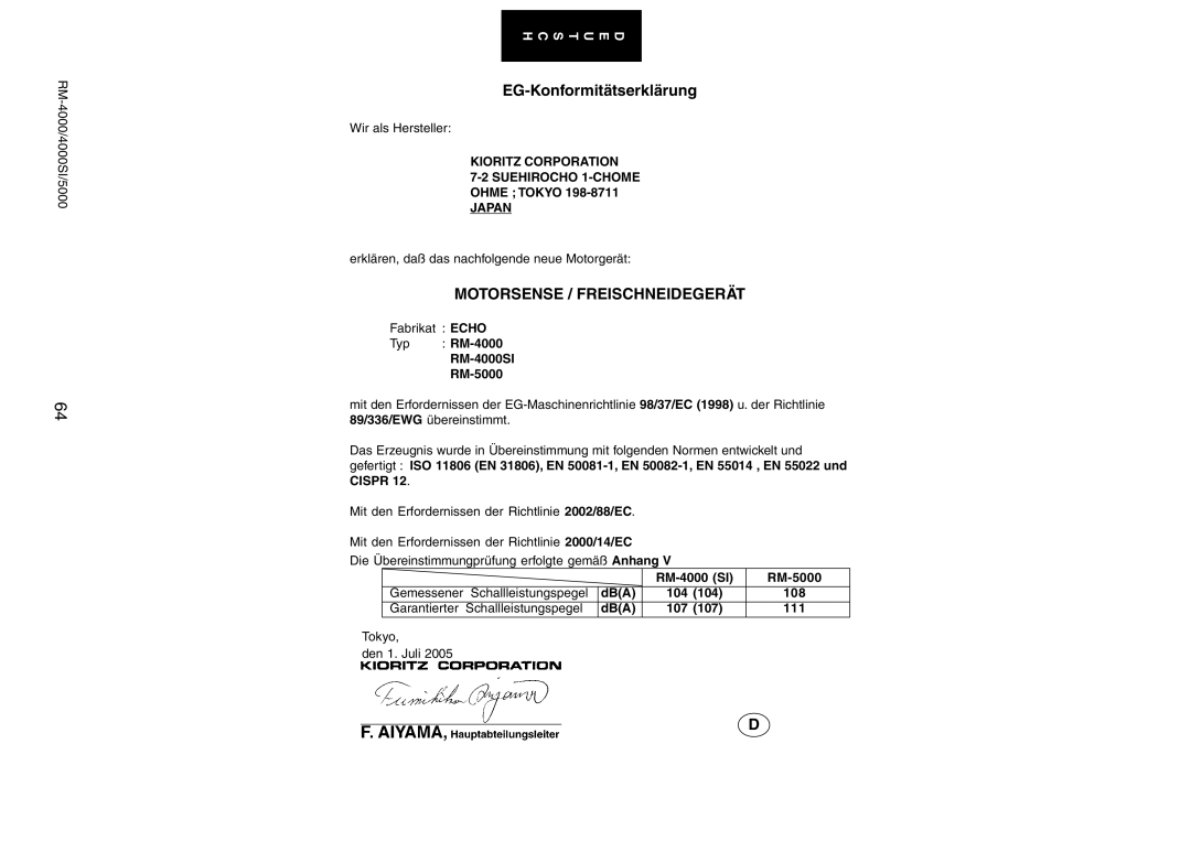 Echo manual Motorsense / Freischneidegerät, Typ RM-4000 RM-4000SI RM-5000, RM-4000 SI RM-5000 