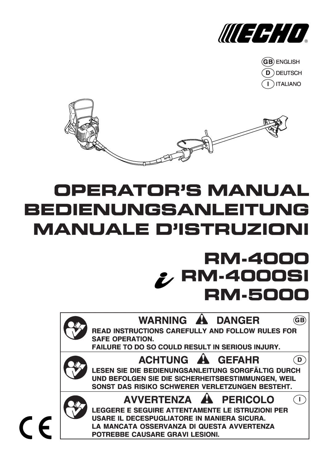 Echo manual RM-4000 RM-4000SI RM-5000, Warning Danger, Achtung Gefahr, Avvertenza Pericolo 