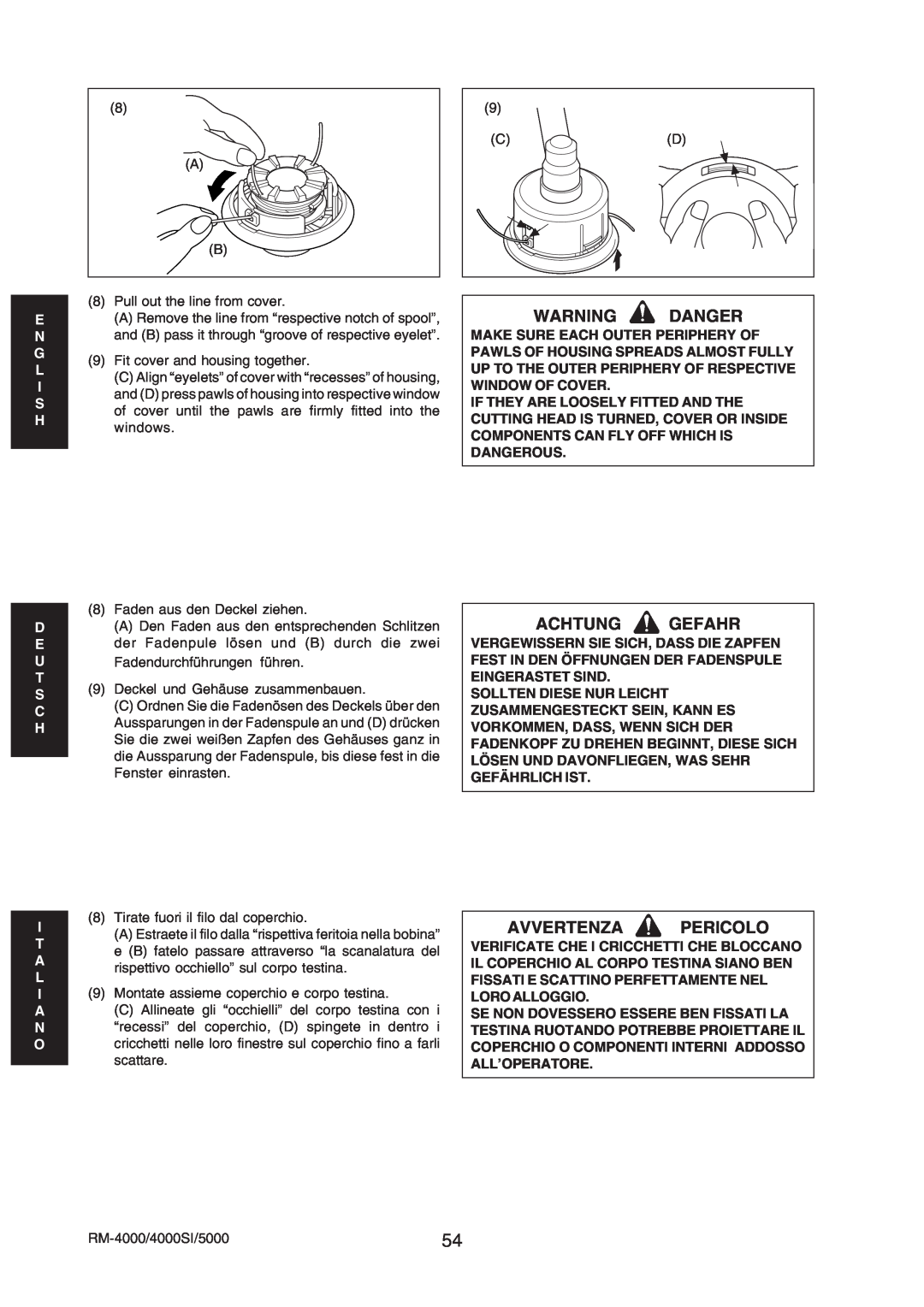 Echo RM-5000, RM-4000SI manual Warning Danger, Achtung Gefahr, Avvertenza Pericolo 