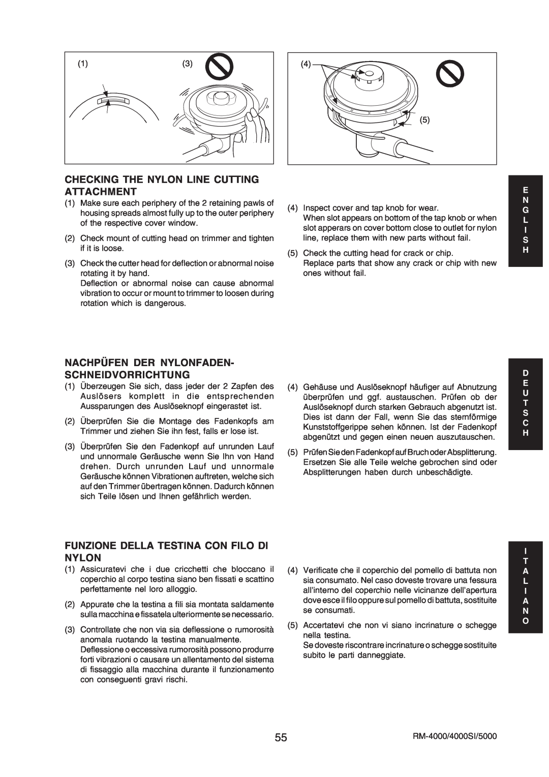 Echo RM-4000SI, RM-5000 manual Checking The Nylon Line Cutting Attachment, Nachpüfen Der Nylonfaden- Schneidvorrichtung 