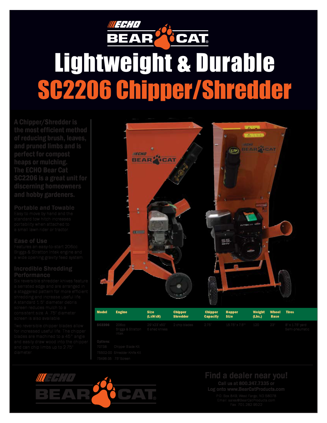 Echo manual Lightweight & Durable, SC2206 Chipper/Shredder, Find a dealer near you 