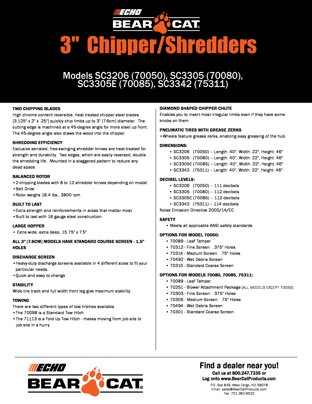 Echo SC3305 (70080) manual Chipper/Shredders, Models SC3206 70050, SC3305 SC3305E 70085, SC3342, Find a dealer near you 