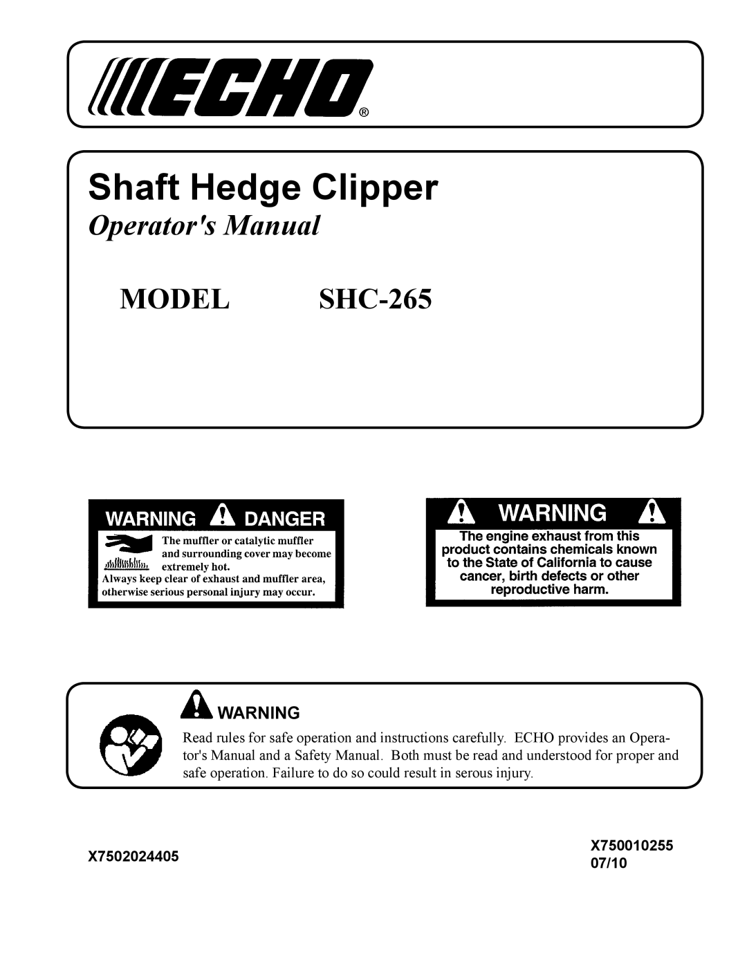 Echo SHC-265 manual Shaft Hedge Clipper 