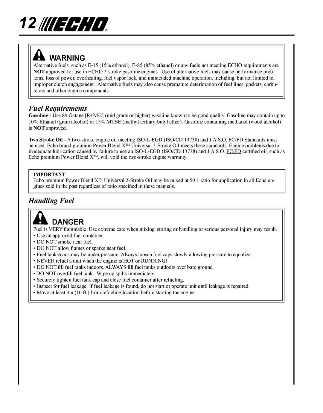 Echo SHC-265 manual Fuel Requirements, Handling Fuel 