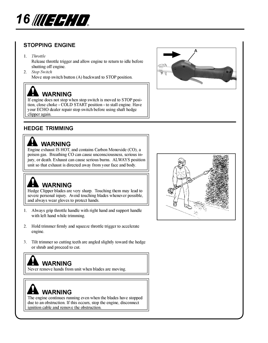 Echo SHC-265 manual Stopping engine, Hedge trimming 