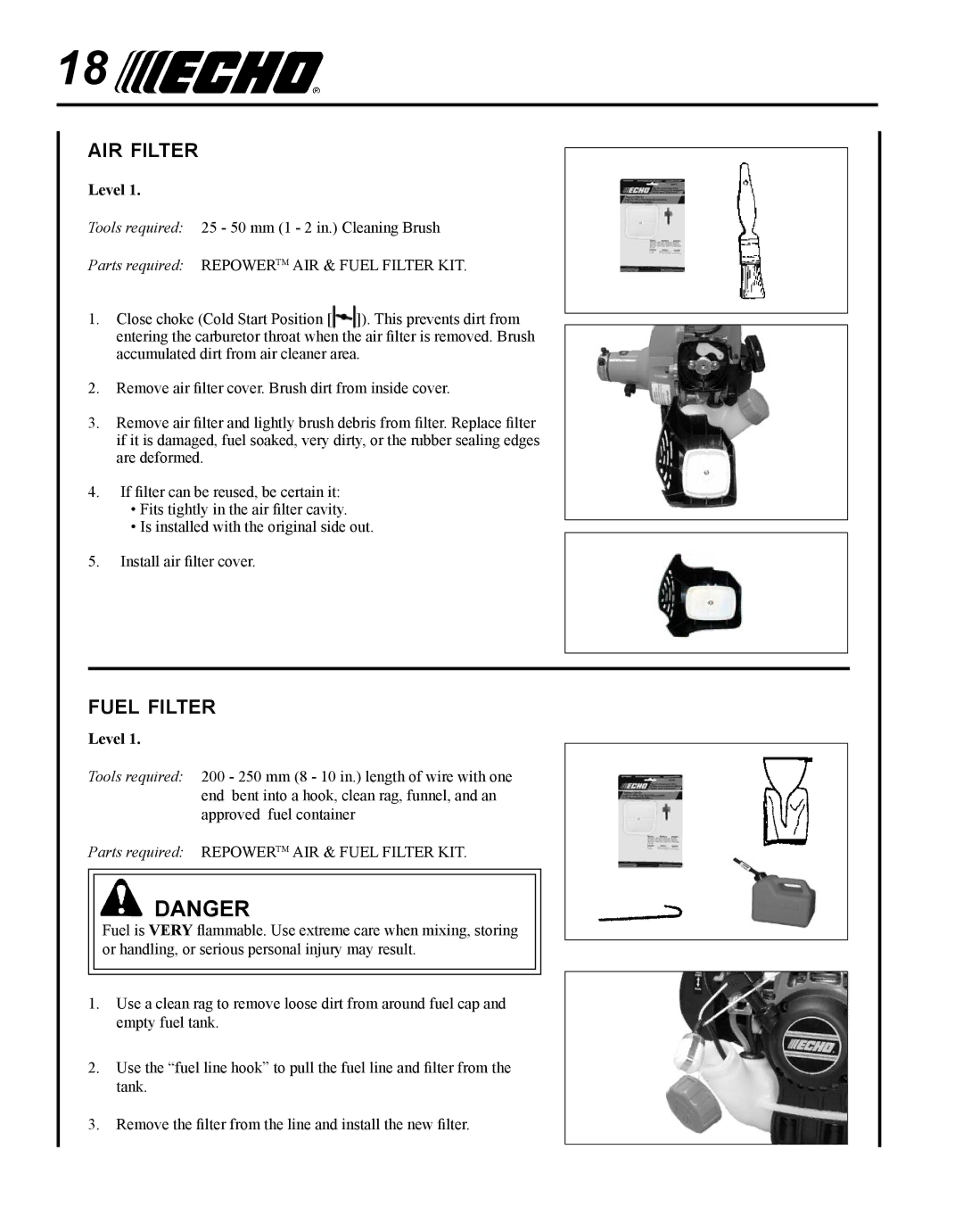 Echo SHC-265 manual Air filter, Fuel filter, Level 