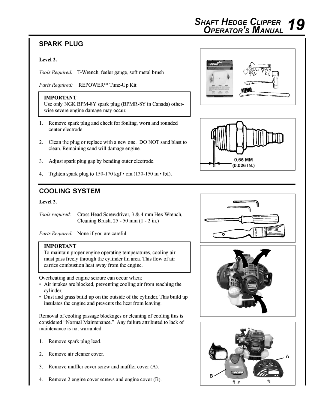 Echo SHC-265 manual Spark plug, Cooling system 