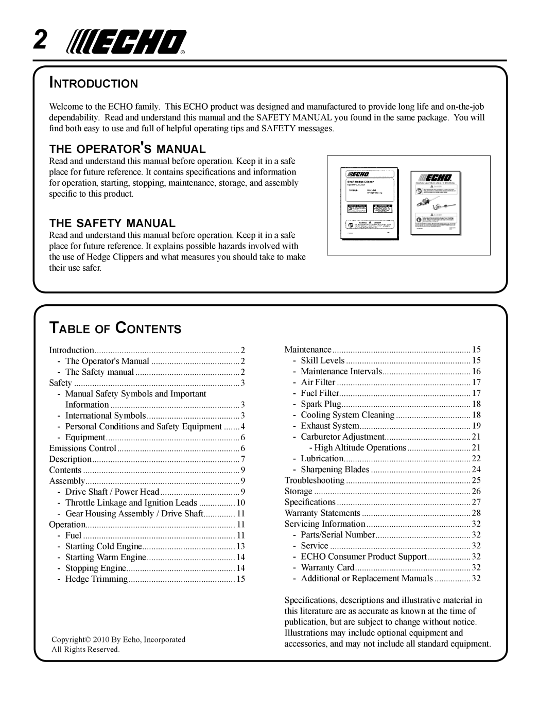 Echo SHC-265 Introduction, Operators manual, Safety manual, Table of Contents 