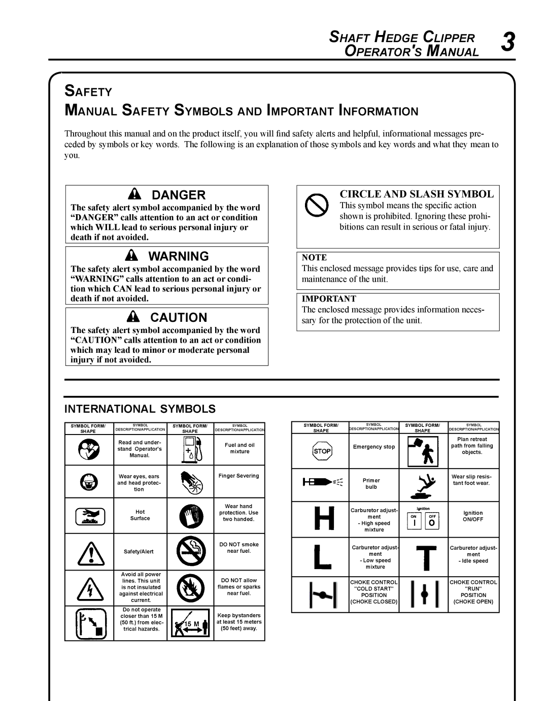 Echo SHC-265 manual Safety Manual Safety Symbols and Important Information, International symbols 