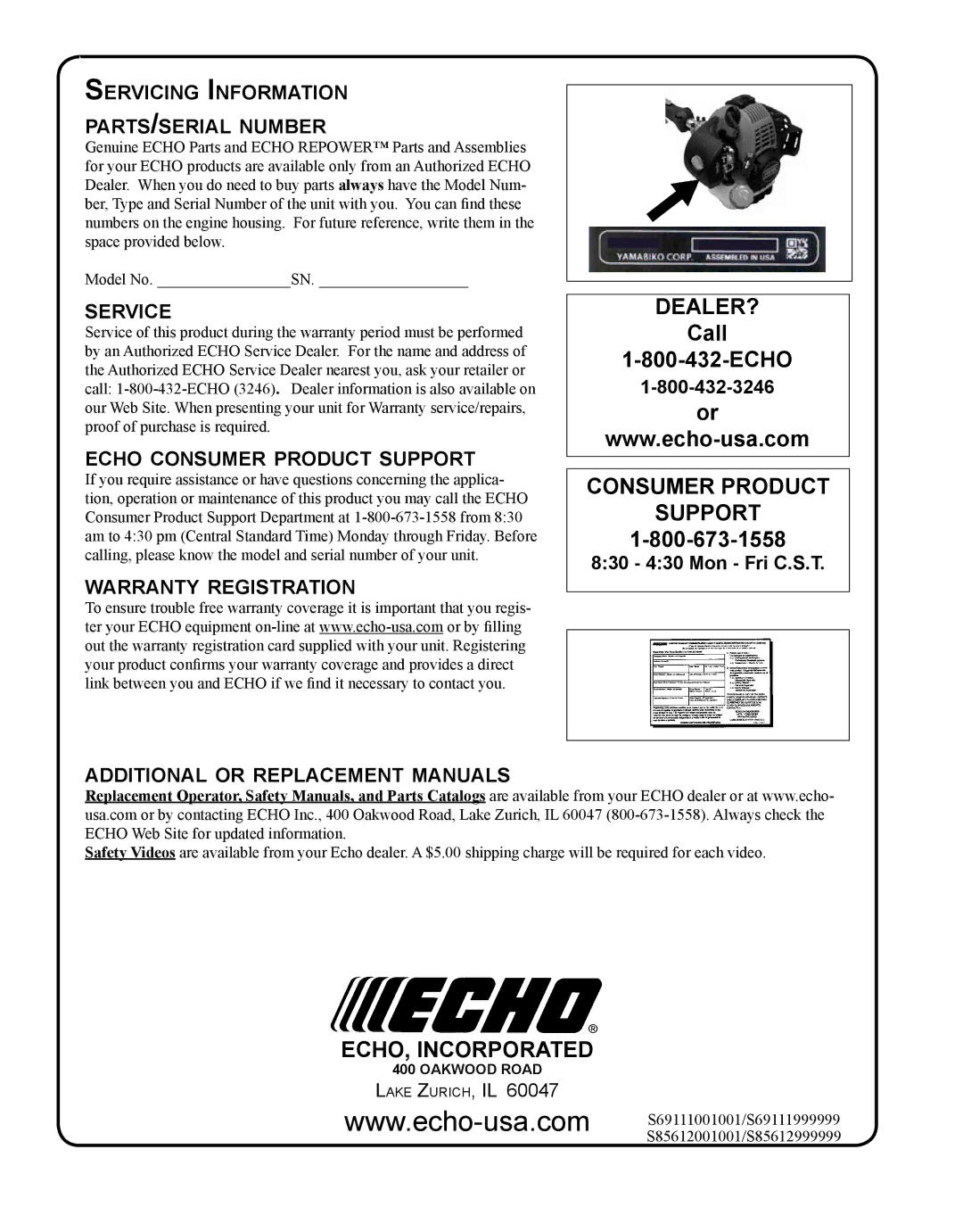 Echo SHC-265 manual Servicing Information parts/serial number, Service, Echo consumer product support 