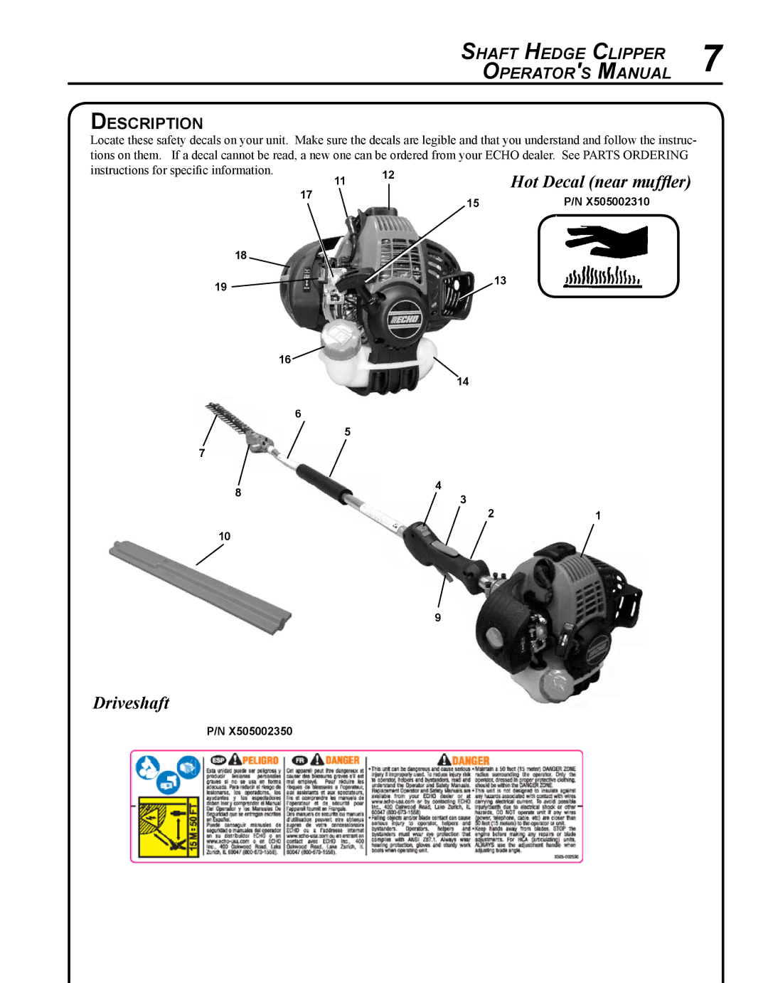 Echo SHC-265 manual Hot Decal near muffler Driveshaft, Description 