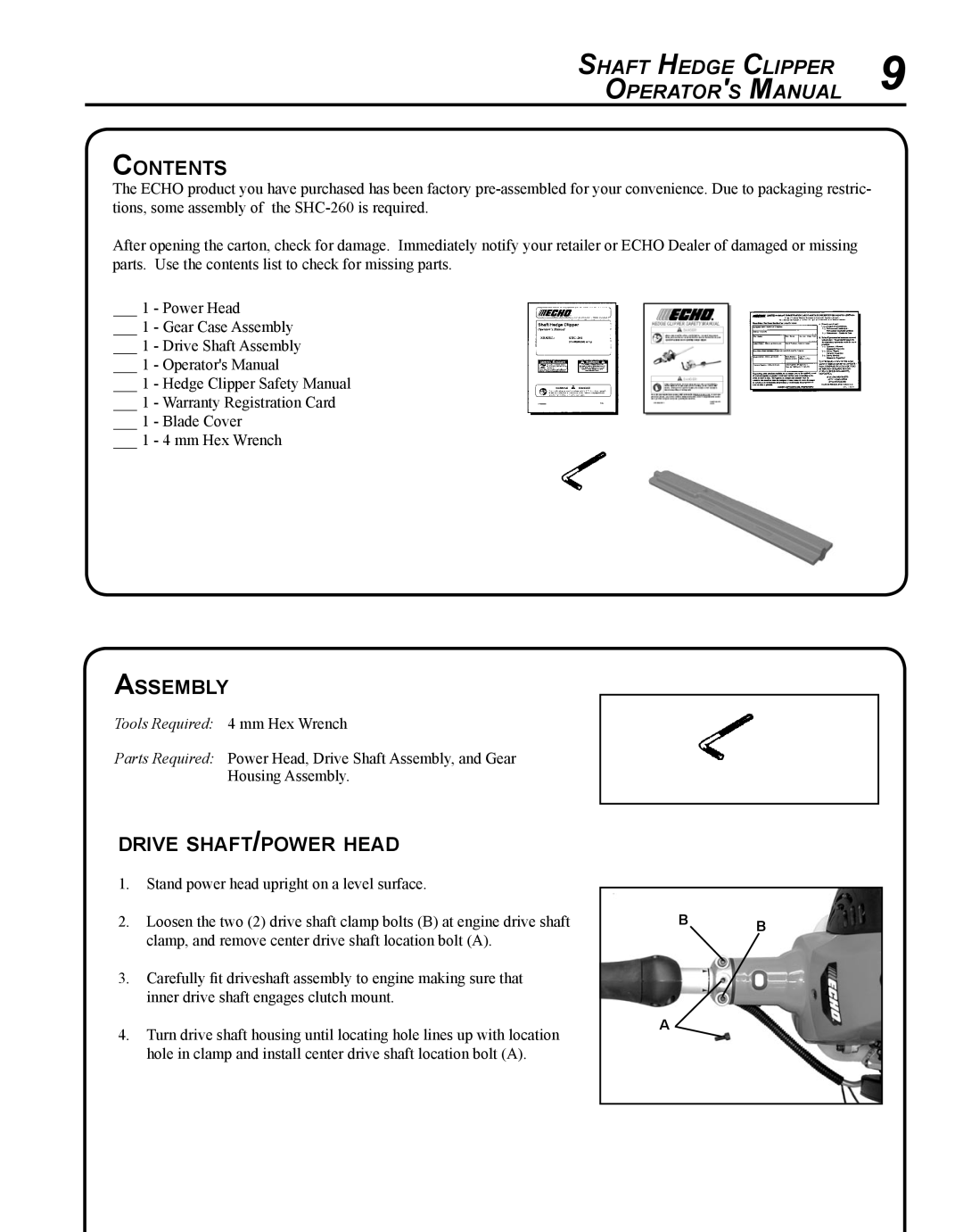 Echo SHC-265 manual Contents, Assembly, Drive shaft/power head 