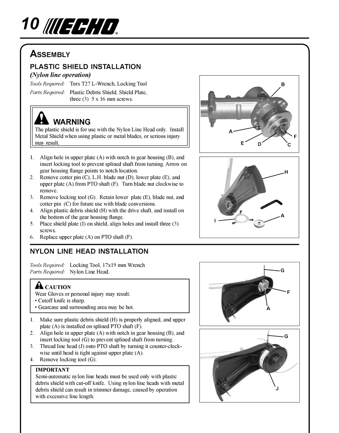 Echo SRM - 225U manual Assembly Plastic shield installation, Nylon line head installation, Nylon line operation 