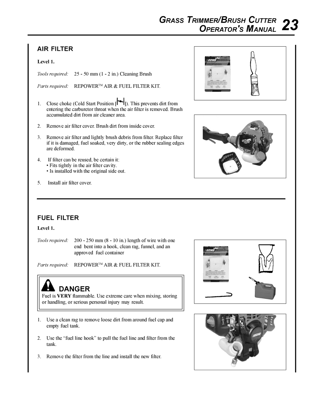Echo SRM - 225U manual Air filter, Fuel filter 