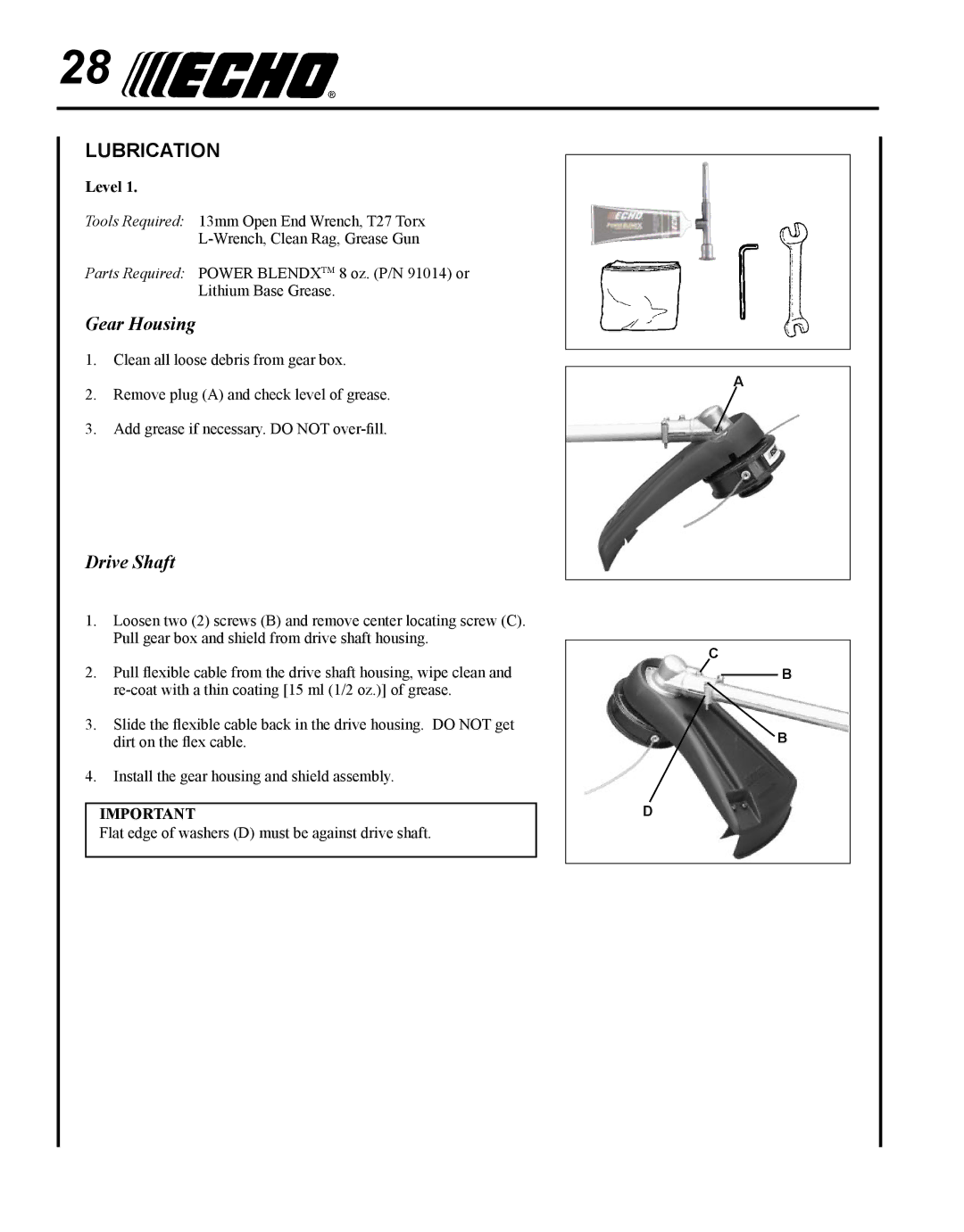 Echo SRM - 225U manual Lubrication, Gear Housing, Drive Shaft 