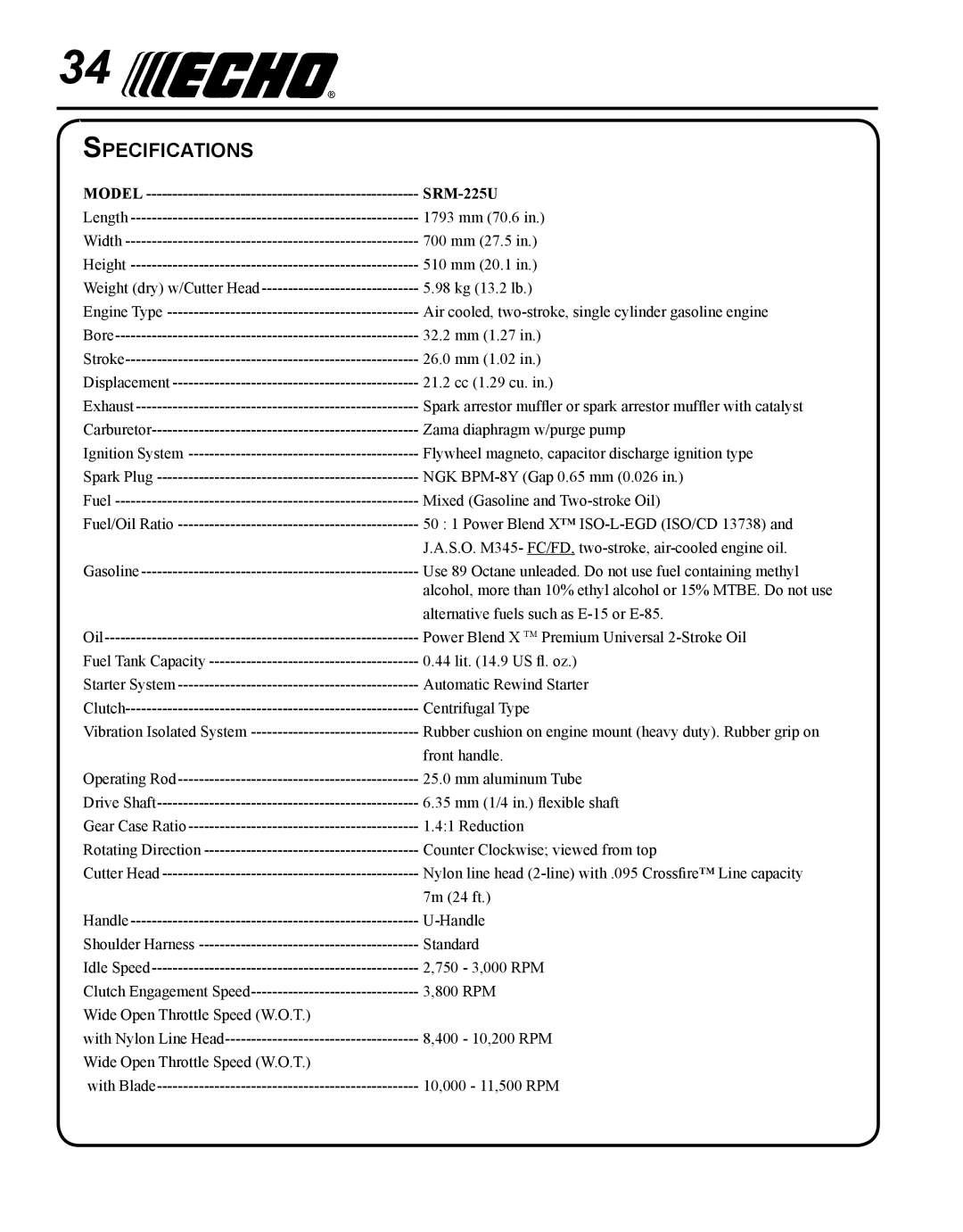 Echo SRM - 225U manual Specifications, Model SRM-225U 